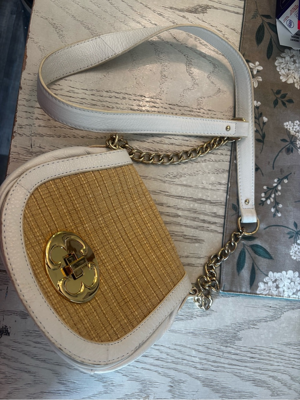 EMMA FOX vintage Y2K Leather/Raffia Woven Bag, gold chain, floral lining